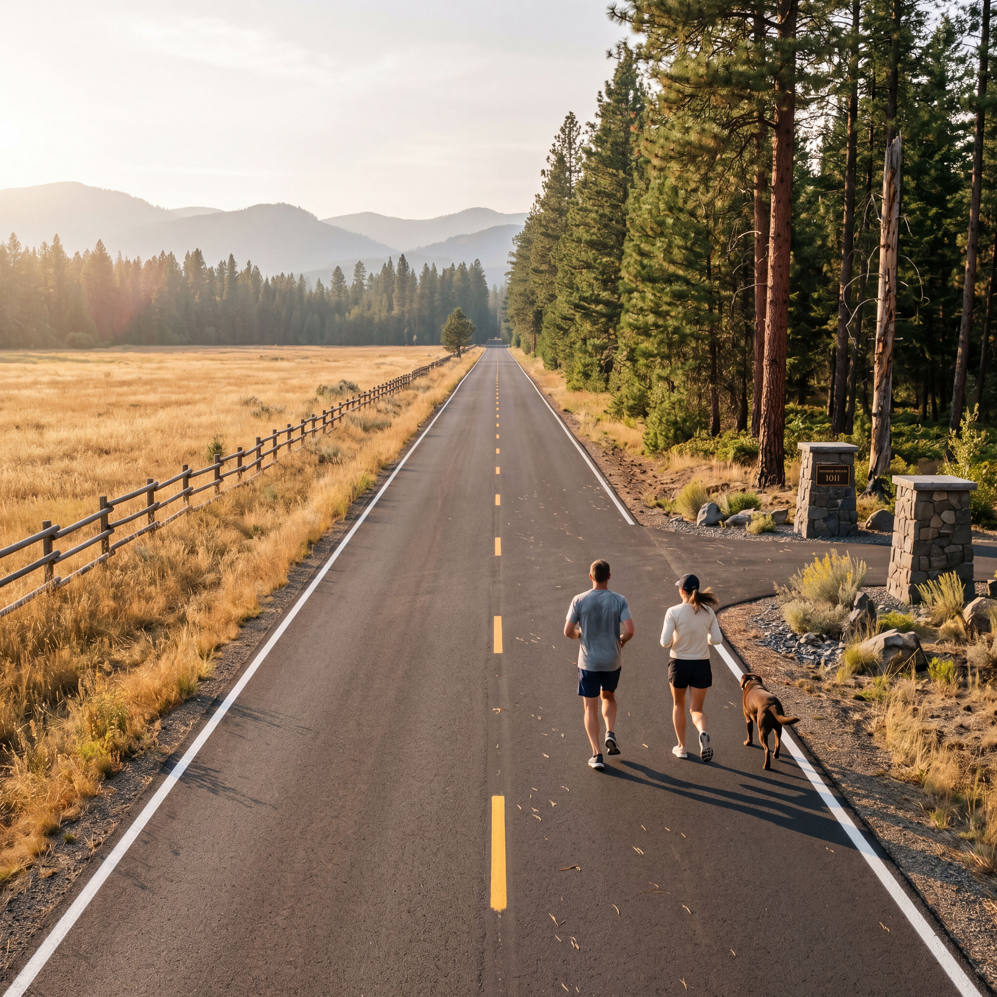 Two people and a dog walk a two-lane road past a rail fence, meadow and pines.