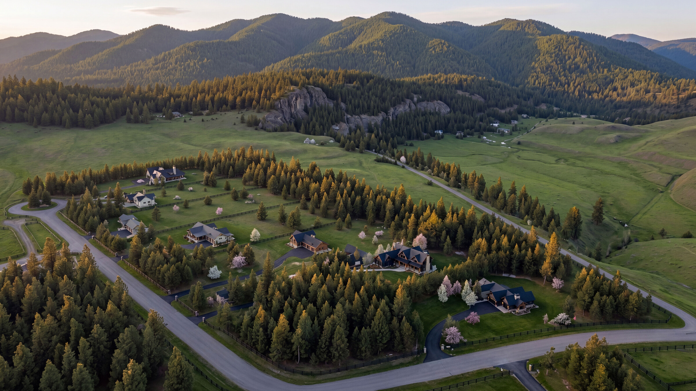 Aerial view of Clagstone Country Estates, homesites scattered through meadow and pines beneath the Cabinet Mountains.
