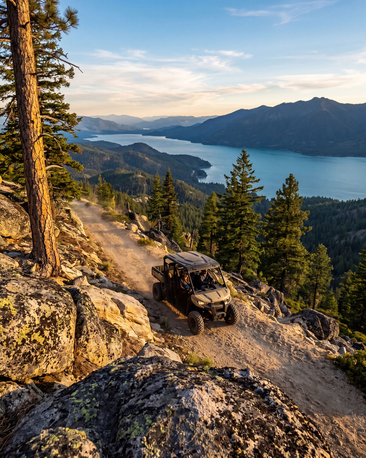 A side-by-side on a ridge trail overlooking Lake Pend Oreille at sunset.