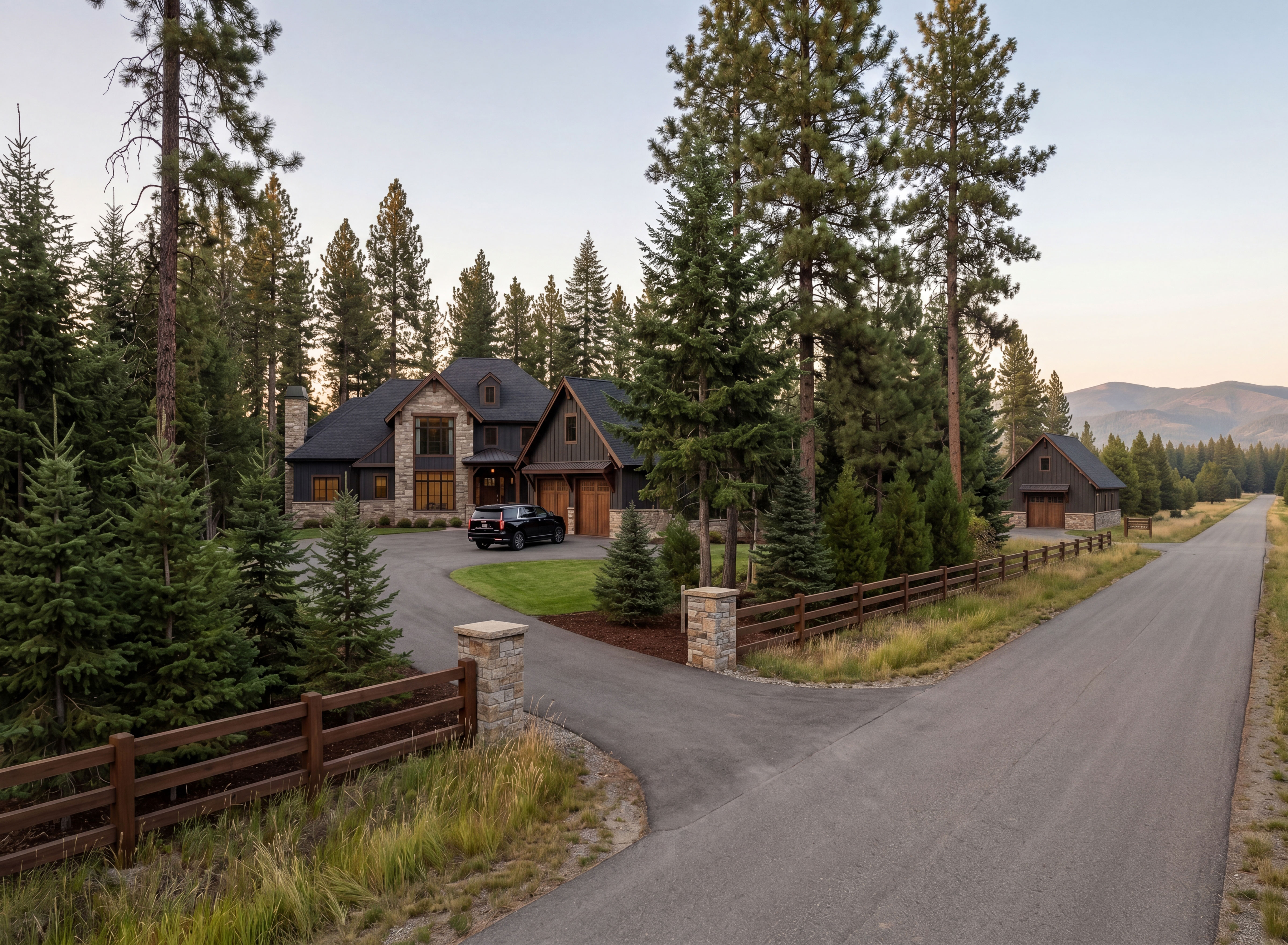 A dark board-and-batten home with stone chimney among tall pines behind a split-rail fence.