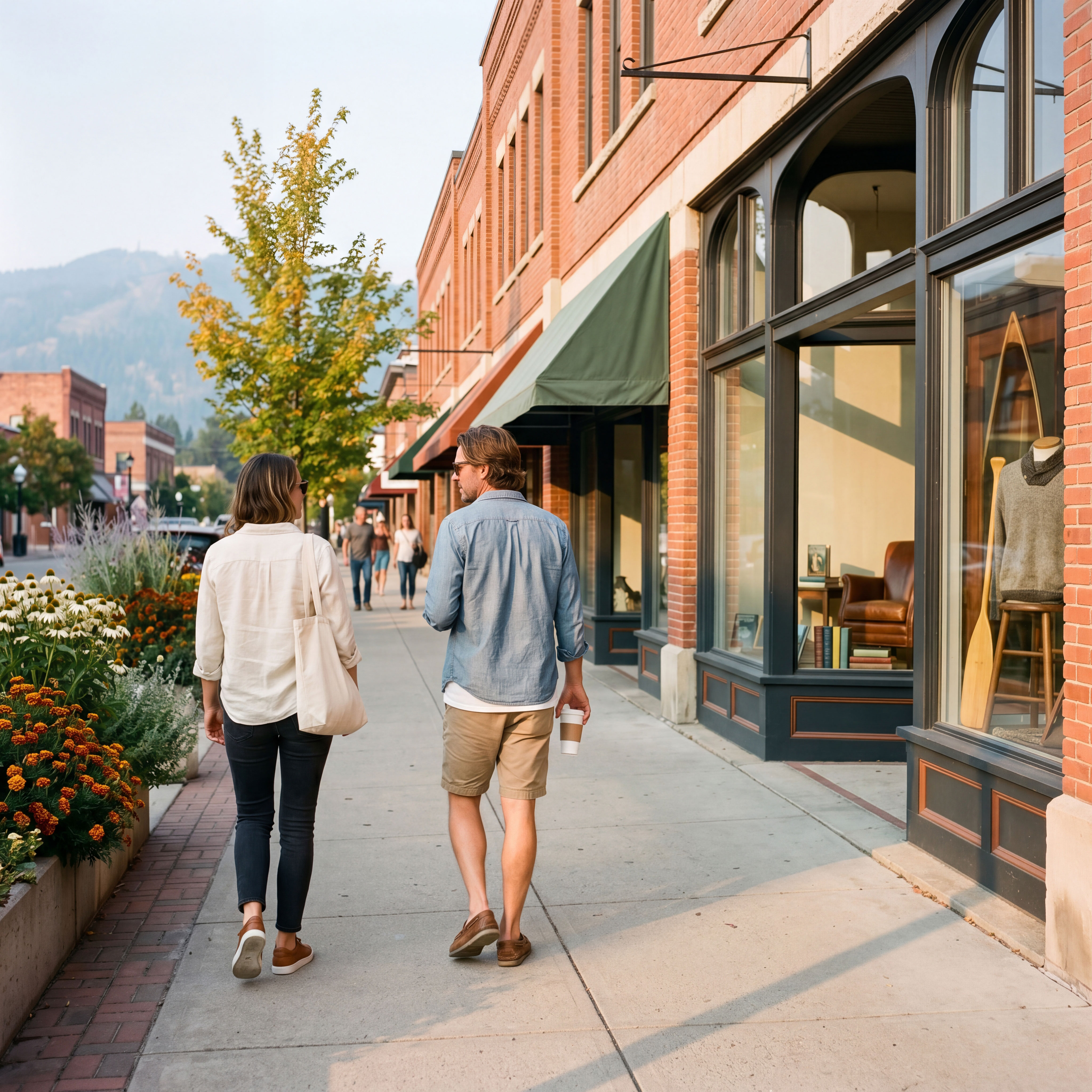 A couple walks a downtown sidewalk past brick storefronts, flower planters and a forested hill beyond.